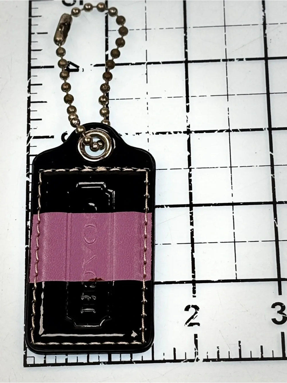 Coach Black Leather Key Tag with Pink Accent and Ball Chain